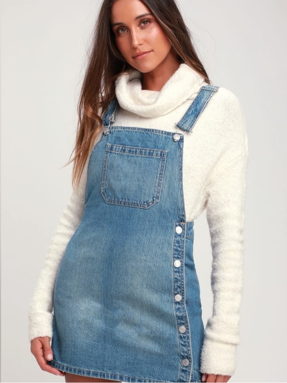 Free People—Louise Denim Jean Skirtall Overall Mini Dress, Light Wash (Size 6)